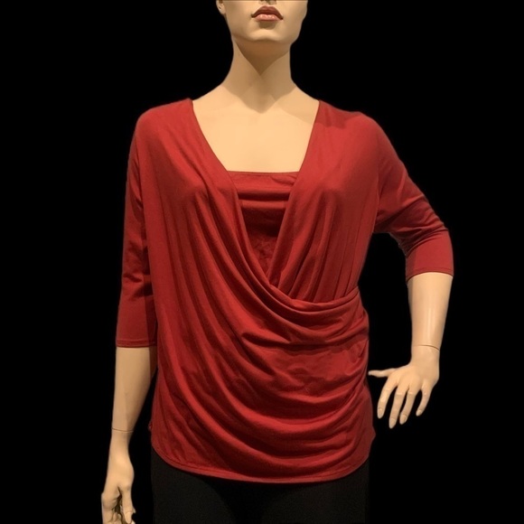 Igigi Jersey Top Faux Wrap Layered Look Red 3/4 Sleeves Cami Ruching Plus 18/20 - Picture 2 of 12